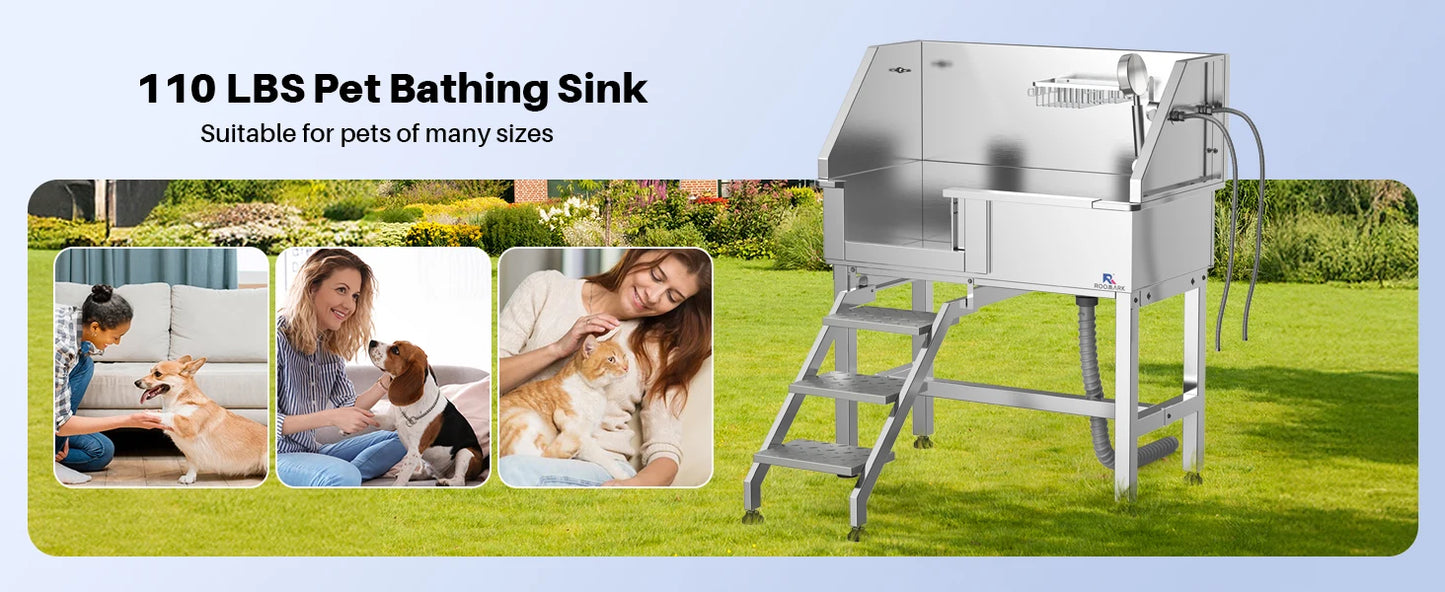 ROOMARK 34" Dog Bathing Station Stainless Steel Dog Grooming Tub with Sliding Door Faucet Accessories Dog Bathtub for Medium Pet