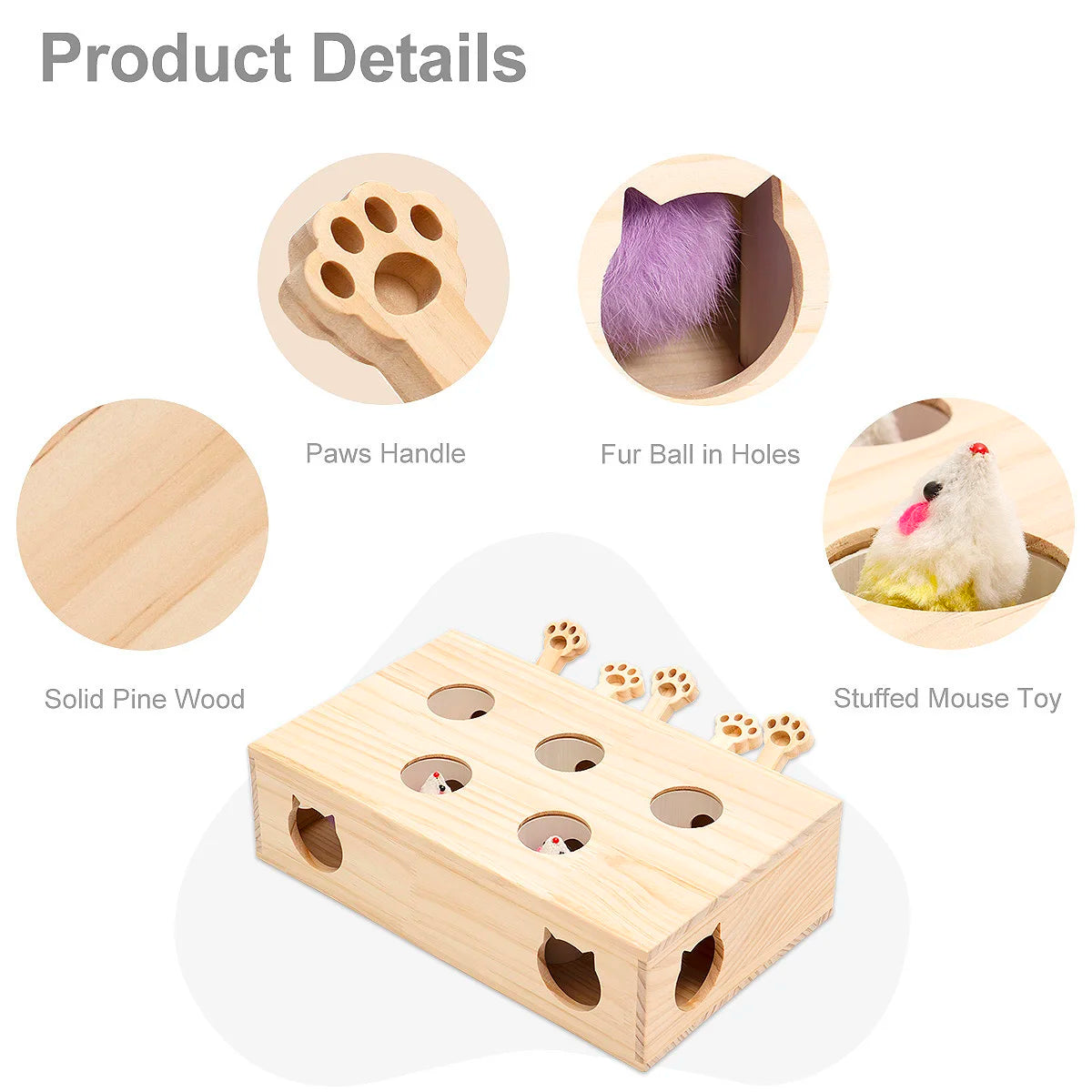 Mewoofun Cat Toys Interactive Whack-a-mole Solid Wood Toys for Indoor Cats Kitten Catch Mice Game