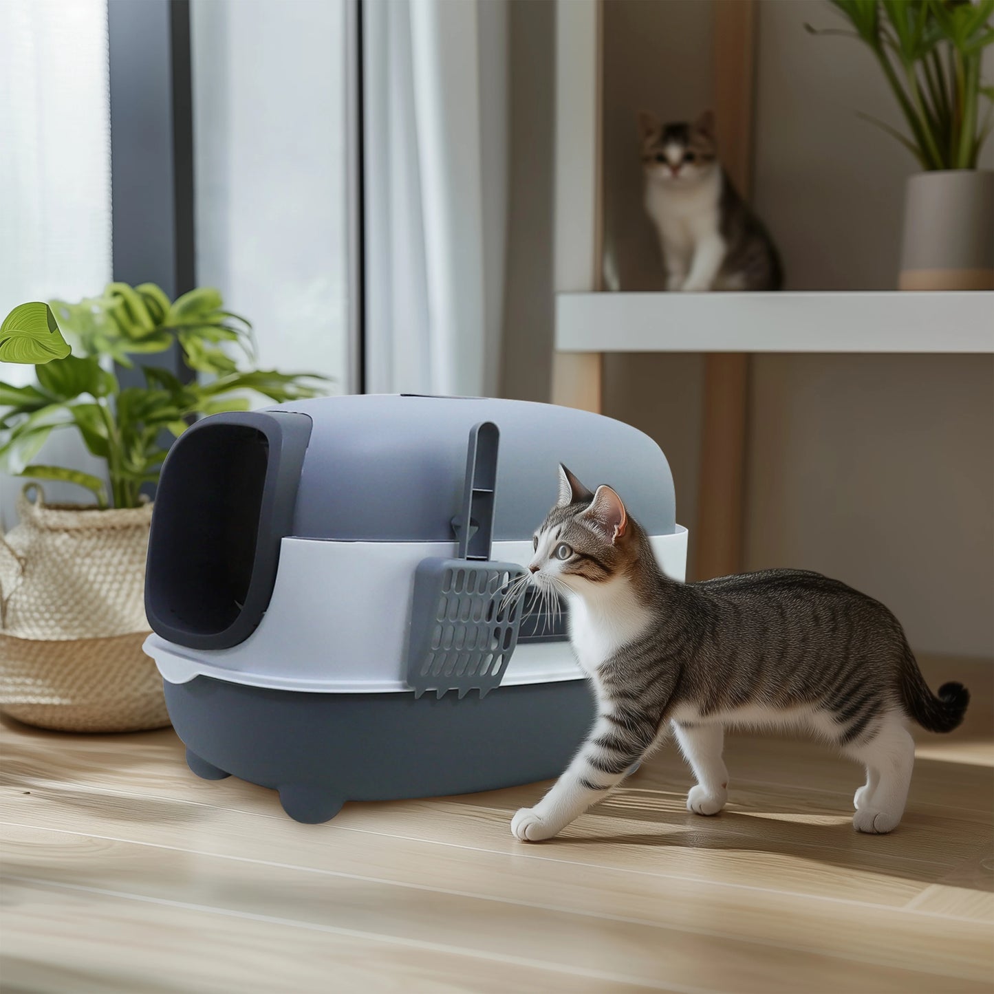 Oval Oblong Hooded Cat Litter Box Tray Front Entry Toilet with Litter Scoop for Kittens Cat Breeds Enclosed