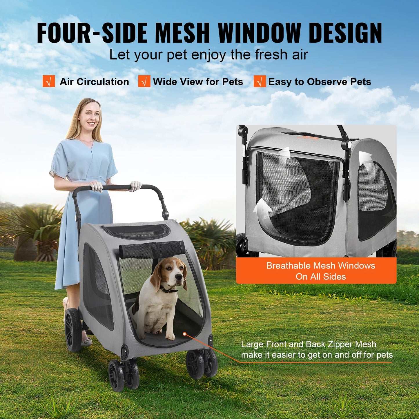 VEVOR 160lbs Pet Stroller 4 Wheels Dark Grey Dog Puppy Stroller Rotate with Brakes and Height-Adjustable for Medium Large Dogs
