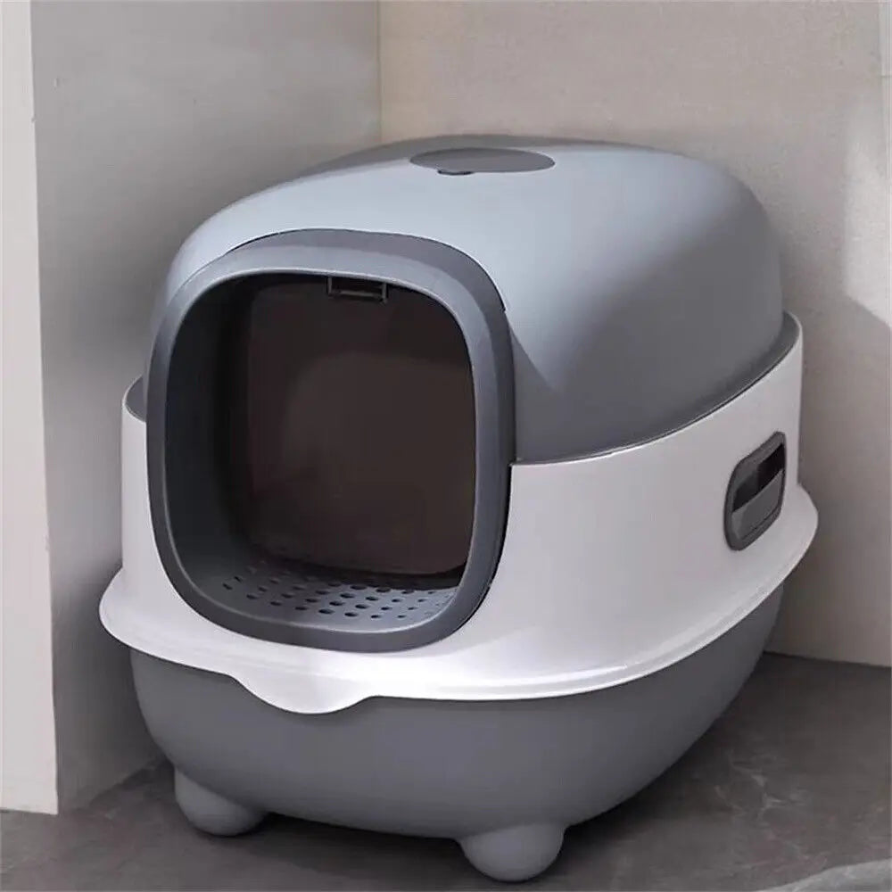 Oval Oblong Hooded Cat Litter Box Tray Front Entry Toilet with Litter Scoop for Kittens Cat Breeds Enclosed