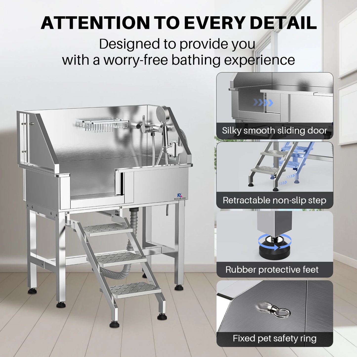 ROOMARK 34" Dog Bathing Station Stainless Steel Dog Grooming Tub with Sliding Door Faucet Accessories Dog Bathtub for Medium Pet