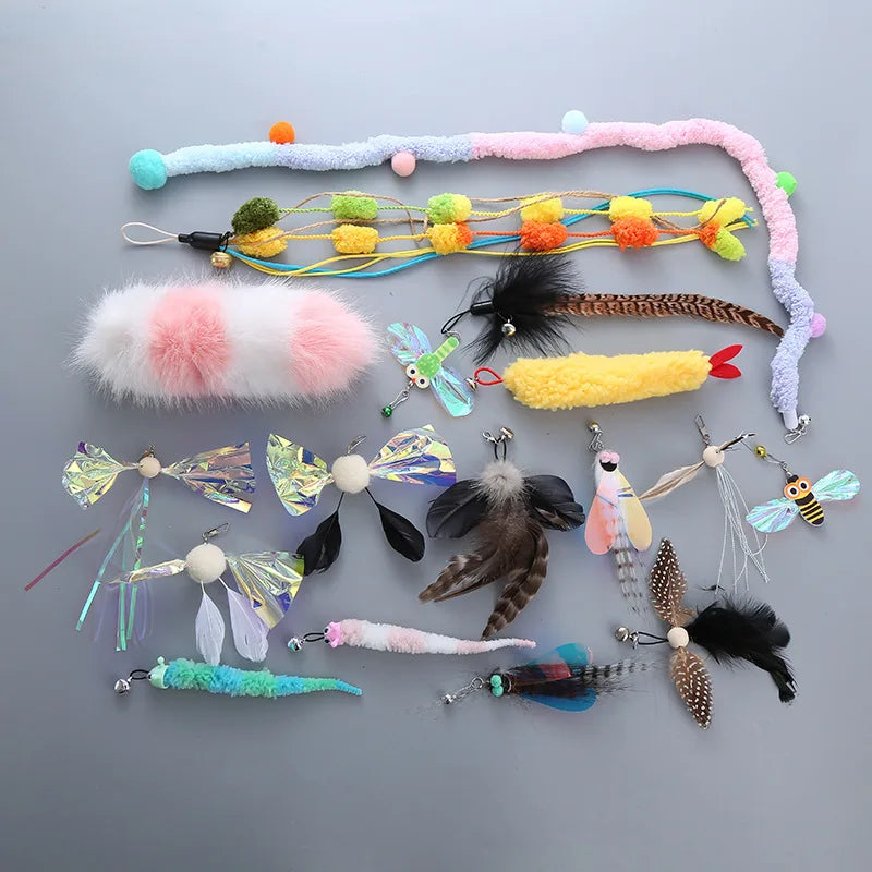 Cat Toys Funny Cat Stick Replacement Head Plush Feather Bird with Bell Toys Interactive Magic Wand DIY Feathers Pet Supplies