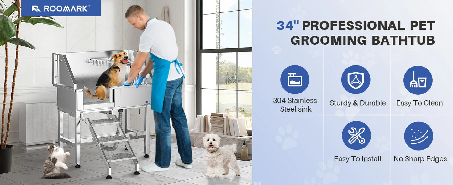 ROOMARK 34" Dog Bathing Station Stainless Steel Dog Grooming Tub with Sliding Door Faucet Accessories Dog Bathtub for Medium Pet