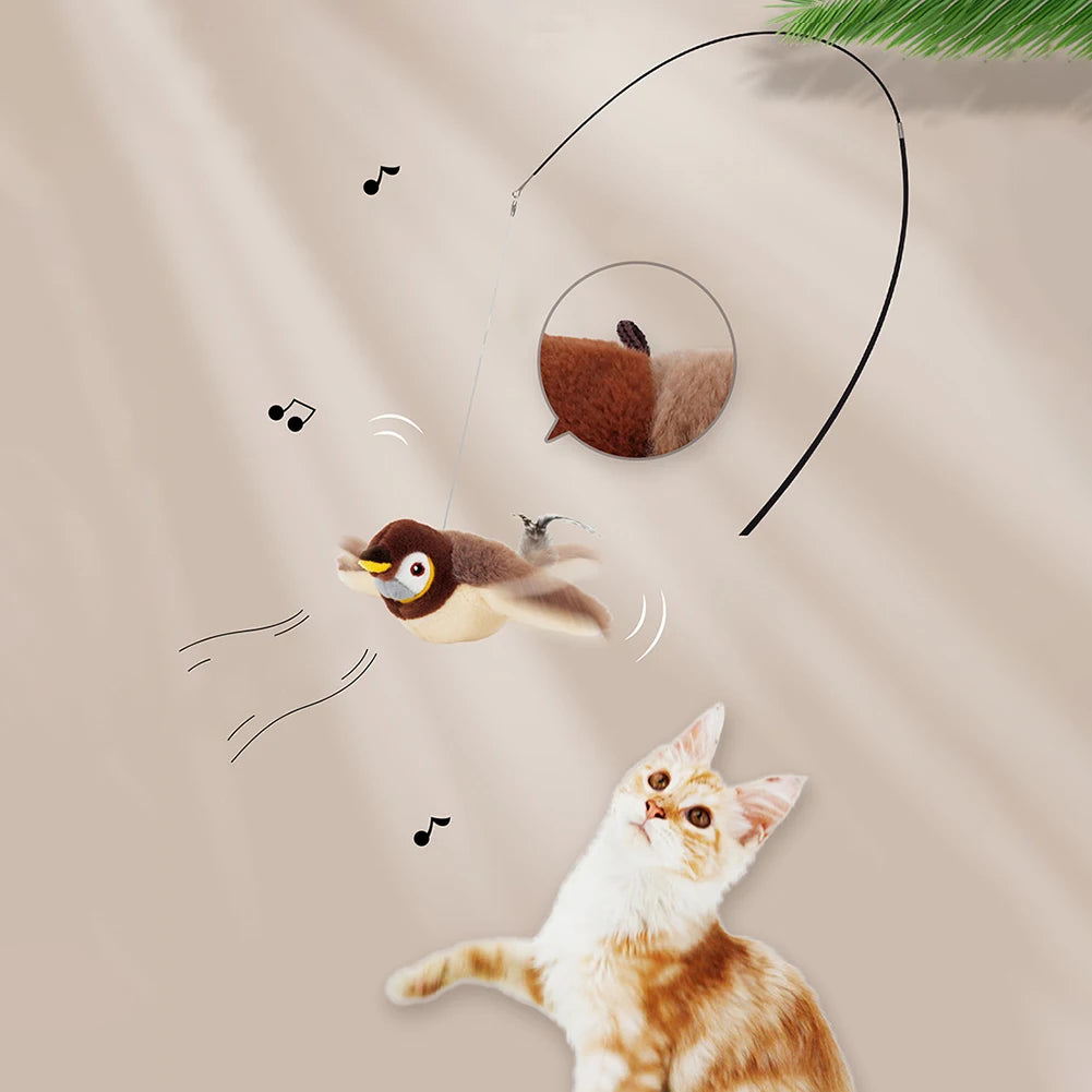 Interactive Cat Toys Flapping Wings(no Flying) Sparrow Catnip Toys Simulated Chirping Bird with Vibration Sensor for Cats