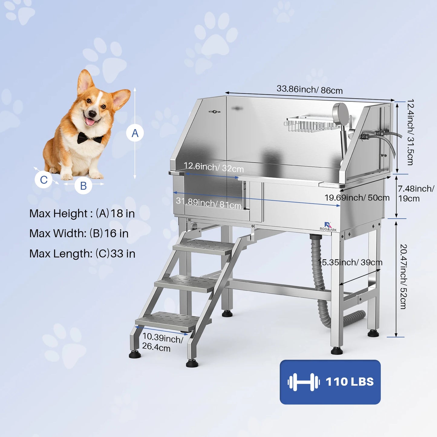 ROOMARK 34" Dog Bathing Station Stainless Steel Dog Grooming Tub with Sliding Door Faucet Accessories Dog Bathtub for Medium Pet
