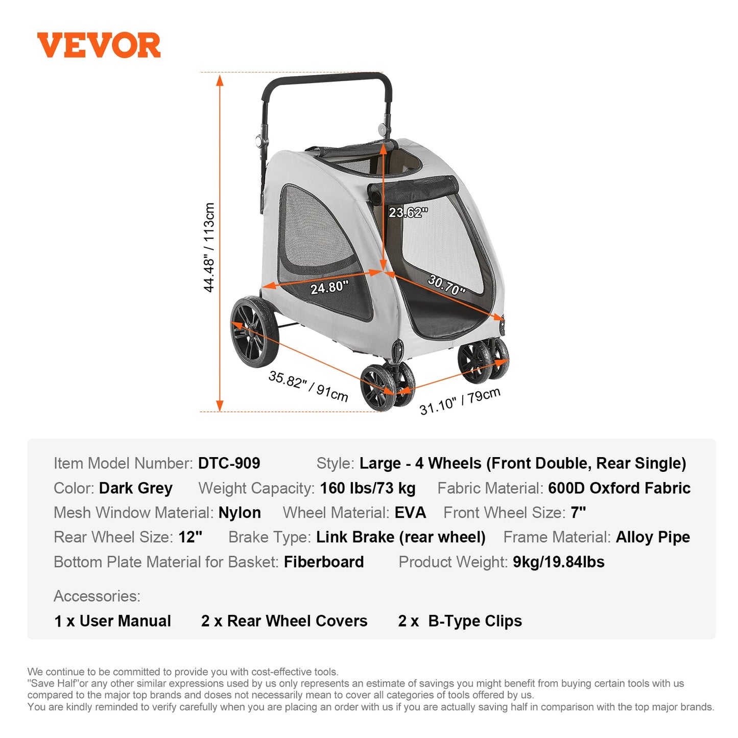VEVOR 160lbs Pet Stroller 4 Wheels Dark Grey Dog Puppy Stroller Rotate with Brakes and Height-Adjustable for Medium Large Dogs