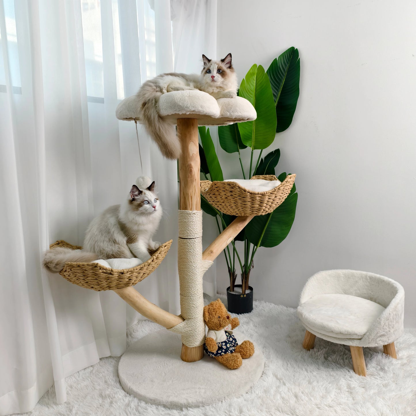 Willow Wood Cat Tree Scratching Post Multi-Level Sisal Pet Cat Kitten Climbing Tower Activity Tower with Removable Washable Mats