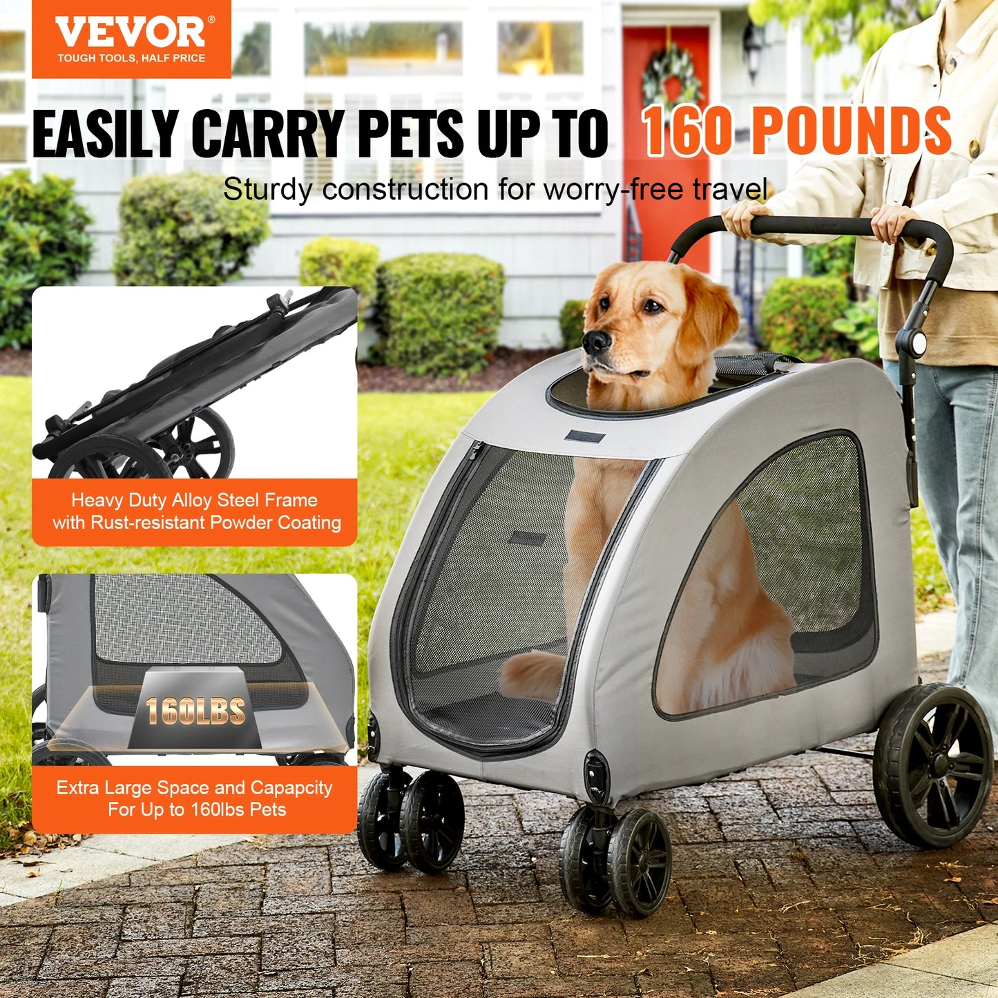 VEVOR 160lbs Pet Stroller 4 Wheels Dark Grey Dog Puppy Stroller Rotate with Brakes and Height-Adjustable for Medium Large Dogs