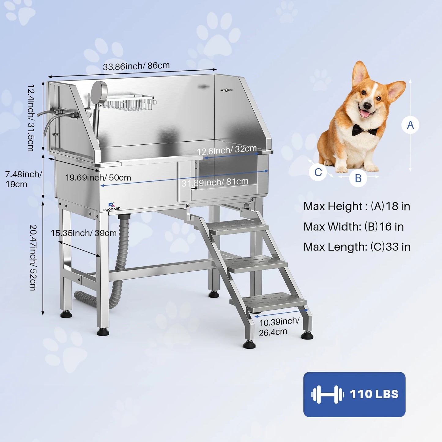 ROOMARK 34" Dog Bathing Station Stainless Steel Dog Grooming Tub with Sliding Door Faucet Accessories Dog Bathtub for Medium Pet