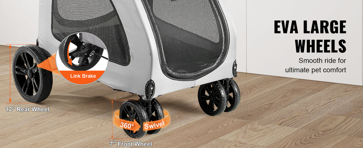 VEVOR 160lbs Pet Stroller 4 Wheels Dark Grey Dog Puppy Stroller Rotate with Brakes and Height-Adjustable for Medium Large Dogs